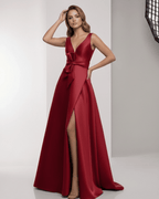Valeria Maxi Dress - Satin A-Line Red Dress with V-Neck, Bow Detail, and Elegant Flowing Skirt by Lauven.
