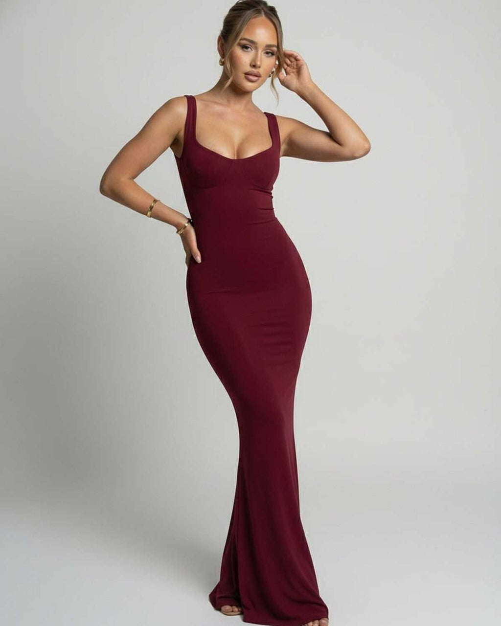 Valora Maxi Dress - Burgundy maxi dress with sleek slip silhouette, U-neck design, and body-skimming finish by Lauven.