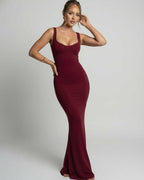 Valora Maxi Dress - Burgundy maxi dress with sleek slip silhouette, U-neck design, and body-skimming finish by Lauven.