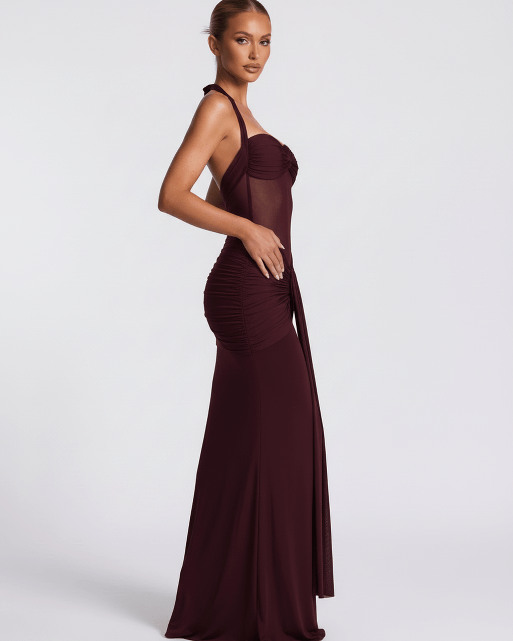 Valora Maxi Dress in burgundy, featuring halter neckline, mesh panel, mermaid silhouette, by Lauven.