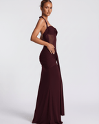 Valora Maxi Dress in burgundy, featuring halter neckline, mesh panel, mermaid silhouette, by Lauven.