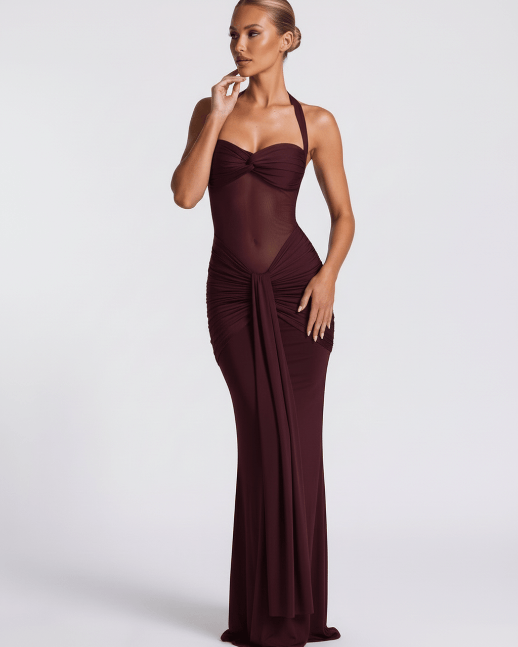 Valora Maxi Dress in burgundy featuring halter style, mesh panel, and mermaid silhouette by Lauven for a sophisticated look.