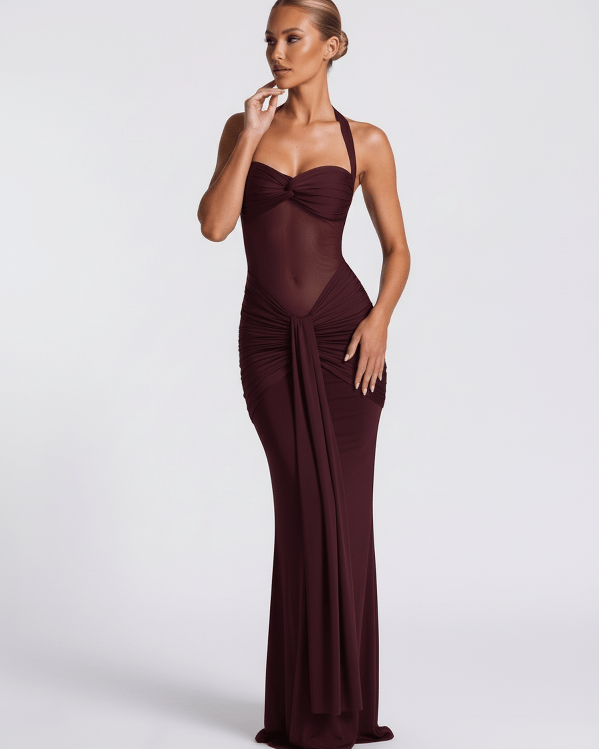 Valora Maxi Dress in burgundy featuring halter style, mesh panel, and mermaid silhouette by Lauven for a sophisticated look.
