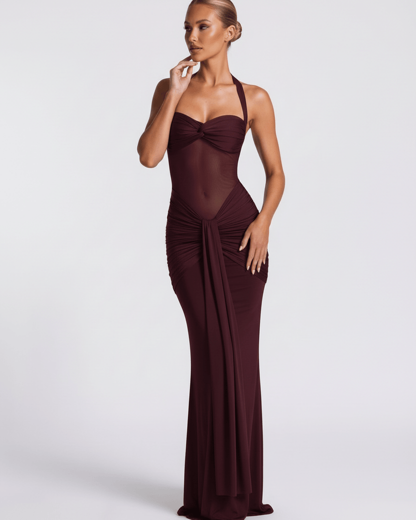 Valora Maxi Dress in burgundy featuring halter style, mesh panel, and mermaid silhouette by Lauven for a sophisticated look.