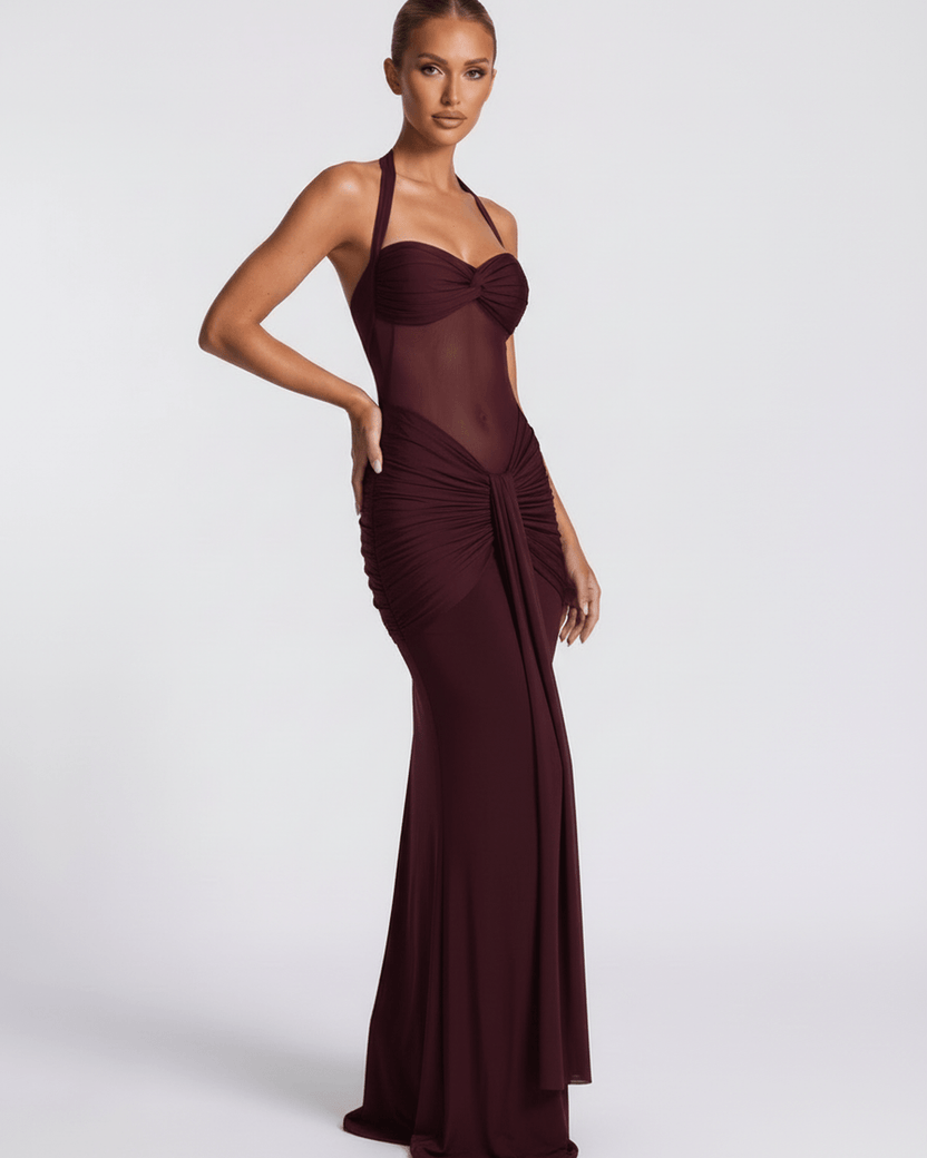 Valora Maxi Dress in burgundy, featuring a halter design, mesh panel, mermaid silhouette, by Lauven, perfect for elegant occasions.