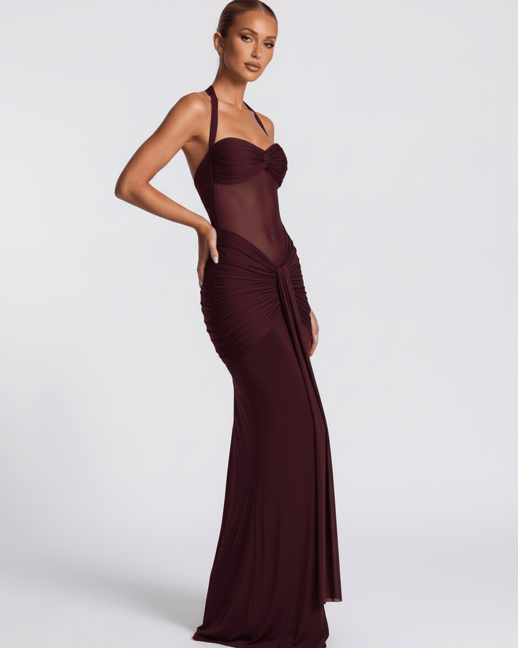 Valora Maxi Dress - Burgundy halter dress with mesh panel, mermaid silhouette by Lauven. Elegant and refined look.