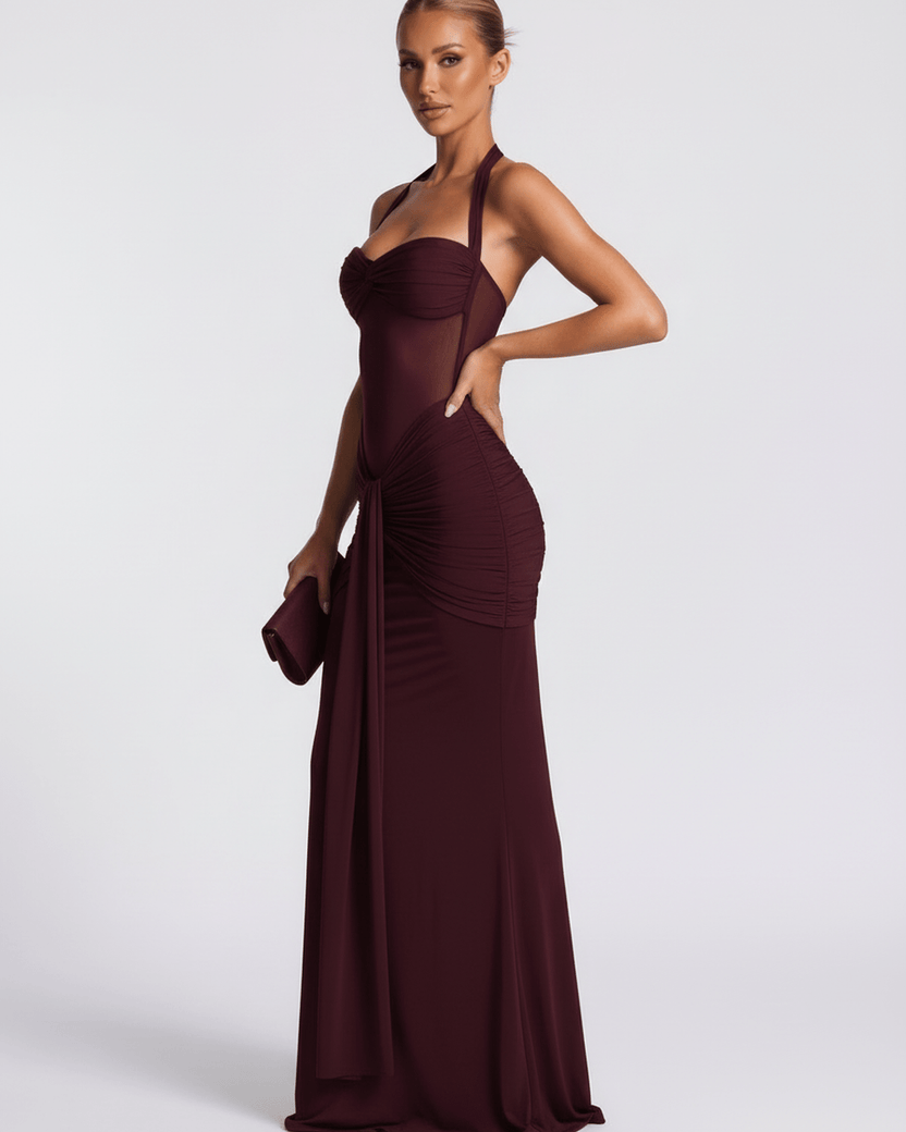 Valora Maxi Dress in burgundy with halter neck, mermaid silhouette, and mesh panel by Lauven, embodying elegance and sophistication.