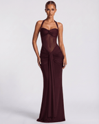 Valora Maxi Dress in burgundy, featuring a halter style, mesh panel, and mermaid silhouette by Lauven, showcasing elegance.