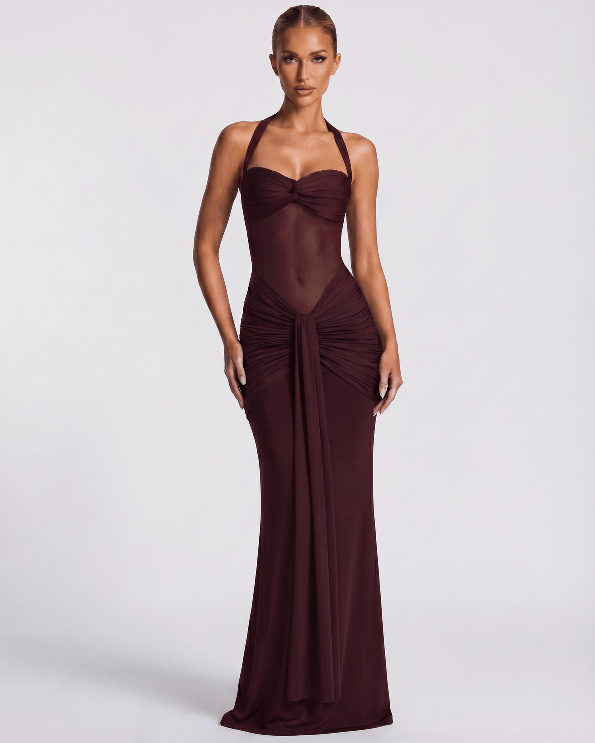 Valora Maxi Dress in burgundy, featuring a halter style, mesh panel, and mermaid silhouette by Lauven, showcasing elegance.