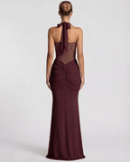 Valora Maxi Dress back view, burgundy halter design, mesh panel, mermaid silhouette by Lauven.