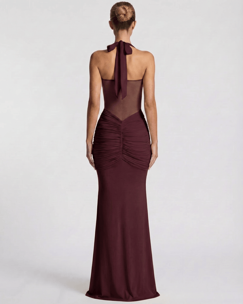 Valora Maxi Dress back view, burgundy halter design, mesh panel, mermaid silhouette by Lauven.