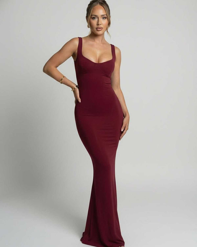 Valora Maxi Dress in burgundy, features sleek slip silhouette and U-neck design by Lauven, perfect flowy elegance.