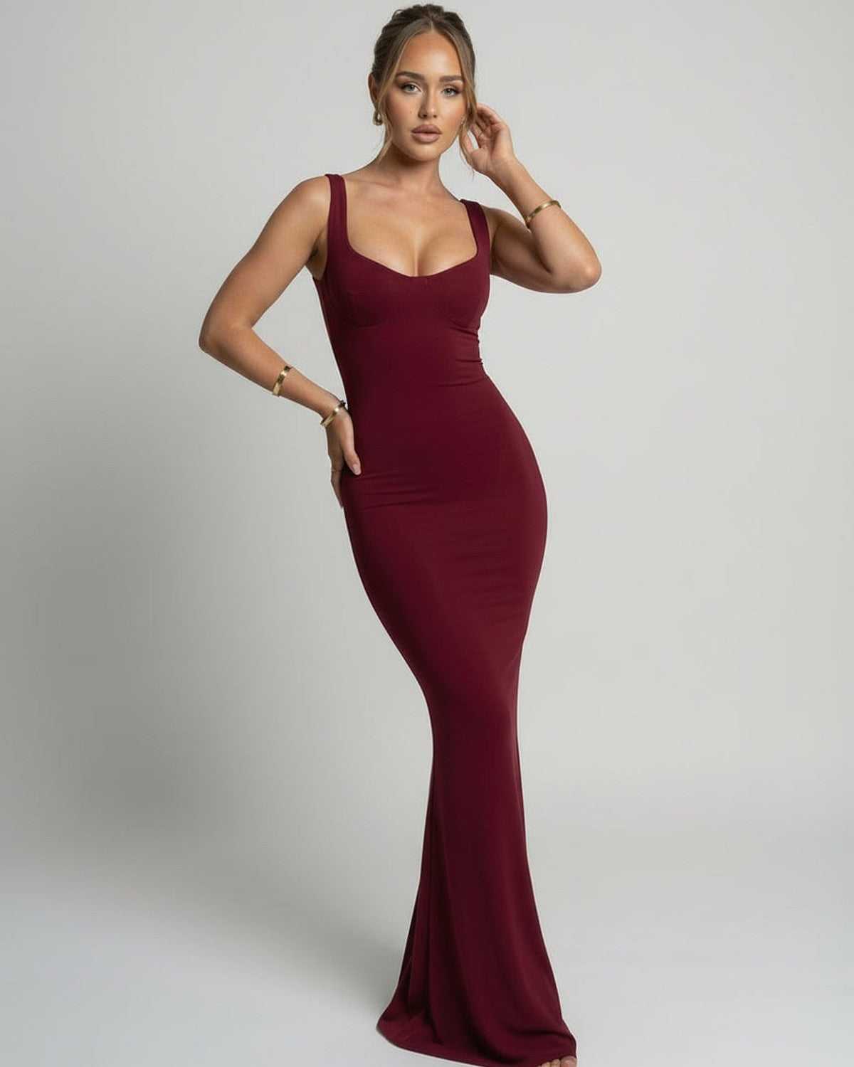 Valora Maxi Dress in burgundy, sleek slip silhouette, U-neck design, by Lauven, elegant body-skimming fit.