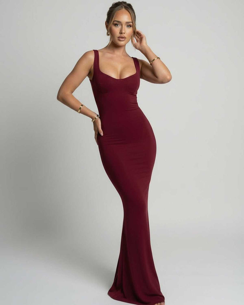 Valora Maxi Dress in burgundy, sleek slip silhouette, U-neck design, by Lauven, elegant body-skimming fit.