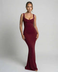 Valora Maxi Dress in burgundy featuring sleek slip silhouette, U-neck design by Lauven, soft mesh detail, and body-skimming finish.