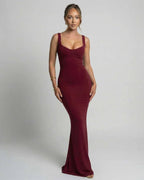 Valora Maxi Dress in burgundy featuring sleek slip silhouette, U-neck design by Lauven, soft mesh detail, and body-skimming finish.