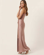 Valora Maxi Dress - Satin gown in soft rose pink with one-shoulder silhouette by Lauven, perfect for elegant evenings.