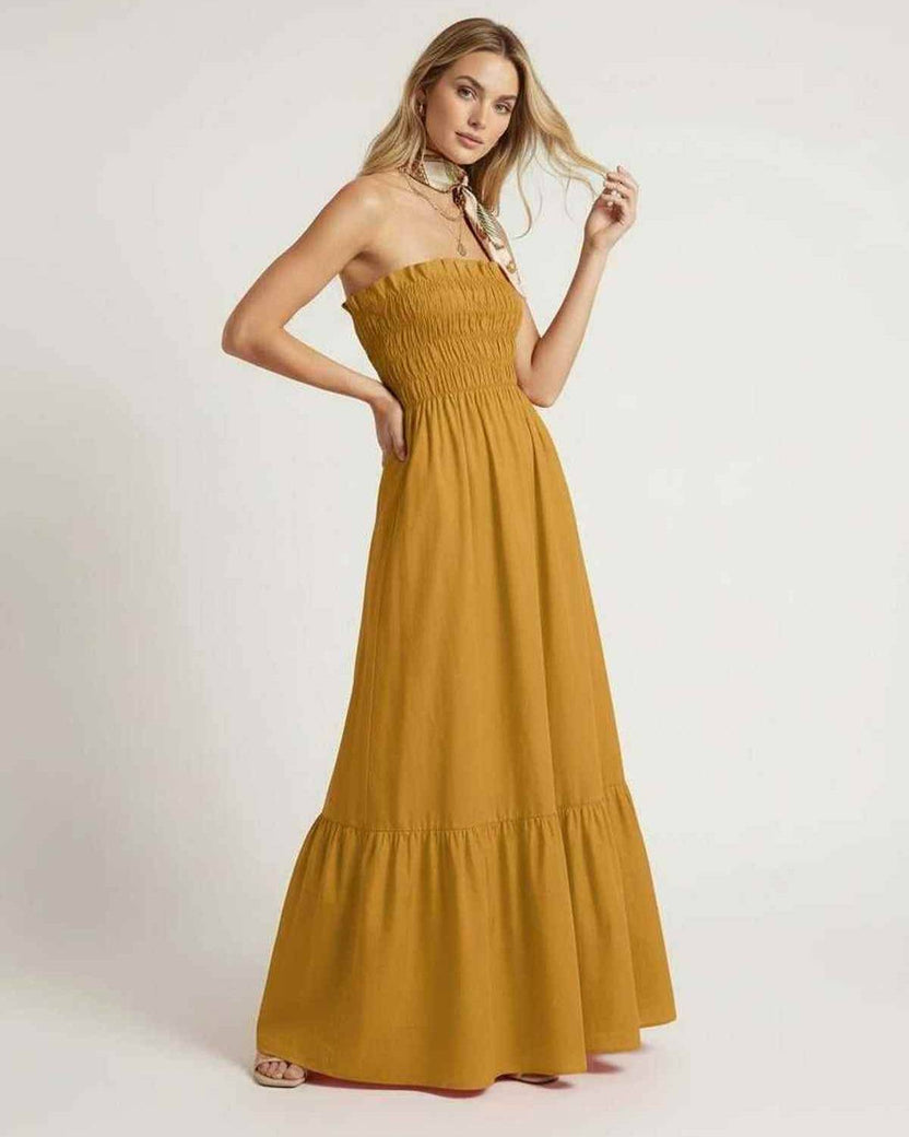 Valora Maxi Dress – Mustard yellow strapless dress with smocked bodice by Lauven, perfect for summer wear.