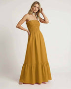 Valora Maxi Dress – Mustard yellow strapless dress with smocked bodice, chic summer style by Lauven.