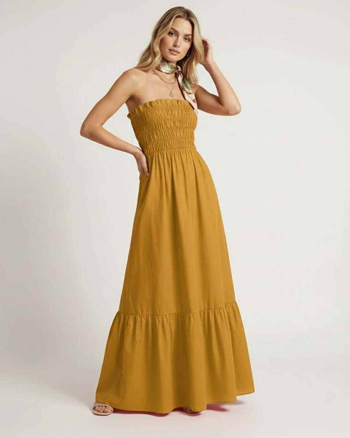 Valora Maxi Dress – Mustard yellow strapless dress with smocked bodice, chic summer style by Lauven.