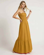 Valora Maxi Dress - Mustard yellow strapless dress with smocked bodice, perfect for summer by Lauven.