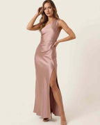 Valora Maxi Dress in soft rose pink, satin fabric with one-shoulder silhouette by Lauven, perfect for elegant styling.