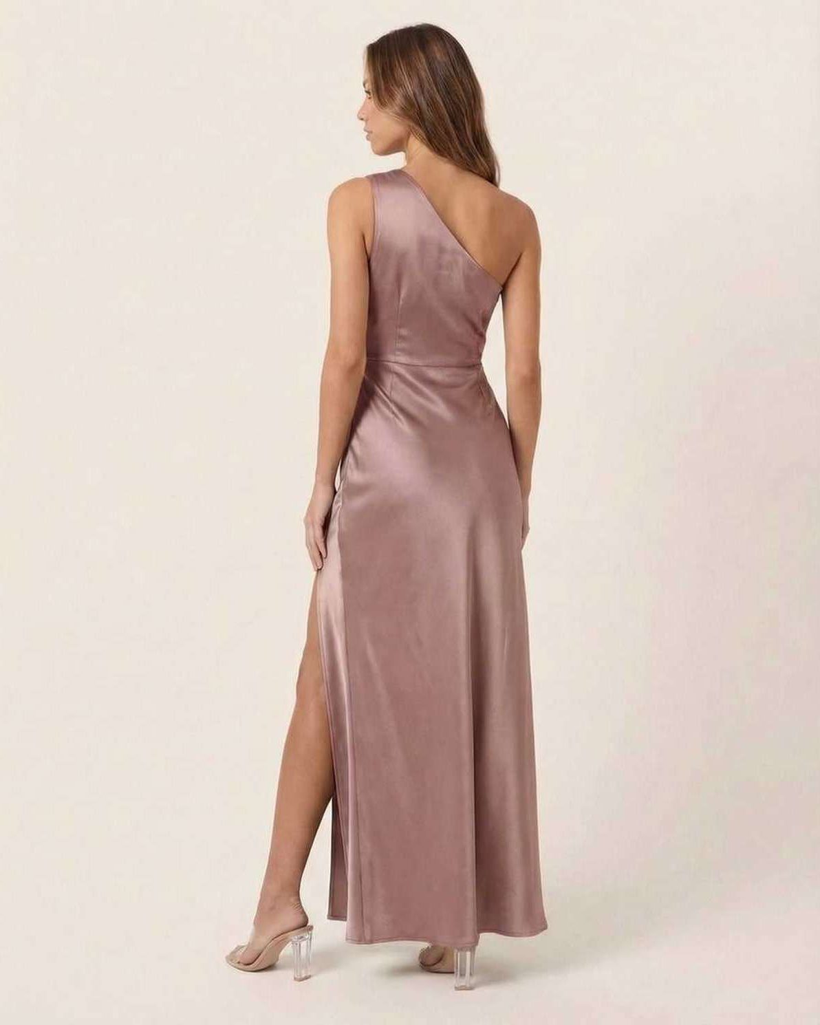 Valora Maxi Dress showcasing a satin one-shoulder silhouette in soft rose pink, elegant for formal styling by Lauven.