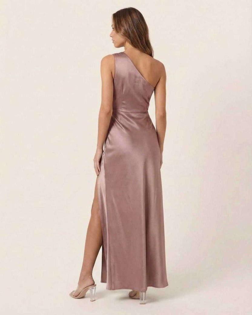 Valora Maxi Dress showcasing a satin one-shoulder silhouette in soft rose pink, elegant for formal styling by Lauven.