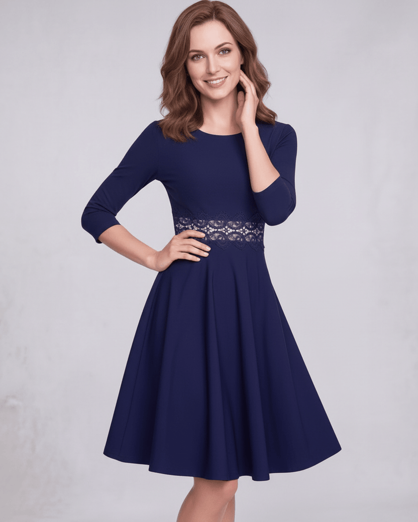Valora Midi Dress - Elegant A-Line Long Sleeve Dress with Lace Waist Detail by Lauven, perfect for showcasing feminine elegance.