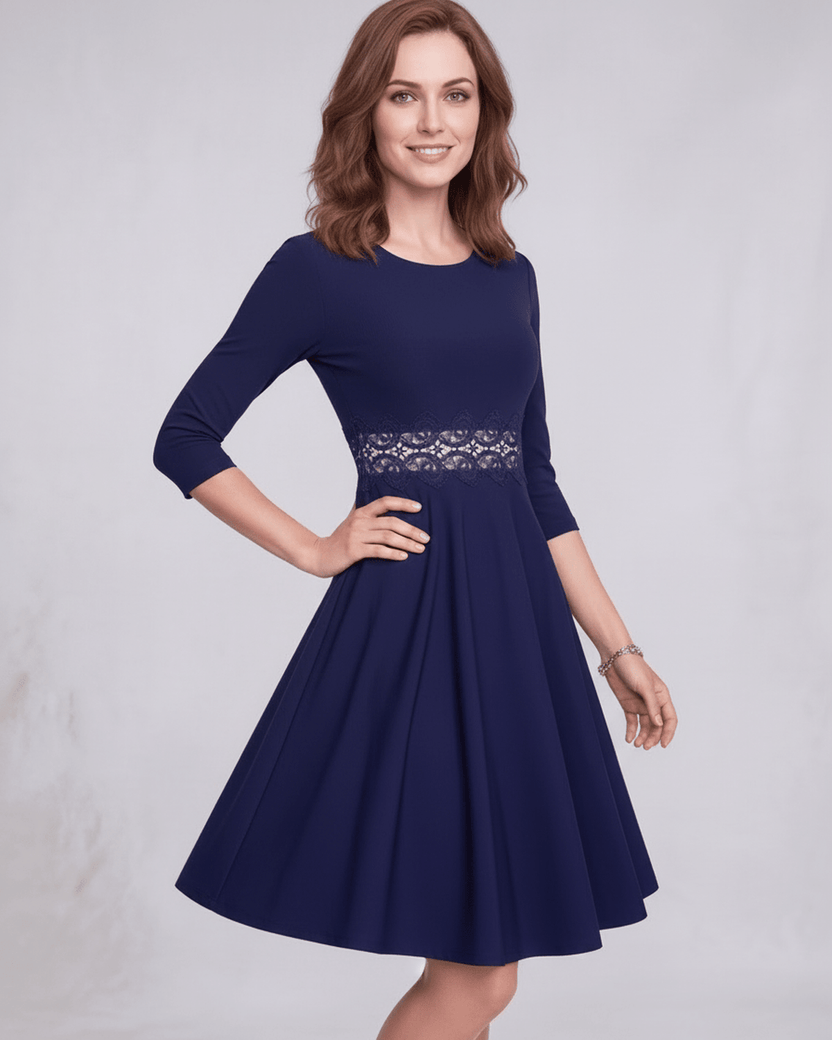 Valora Midi Dress - Elegant A-Line long sleeve design with lace waist detail by Lauven, perfect for refined sophistication.