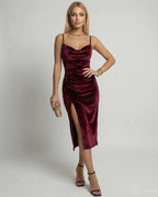 Vega Midi Dress by Lauven, luxurious burgundy velvet sheath with elegant side slit and flattering silhouette.
