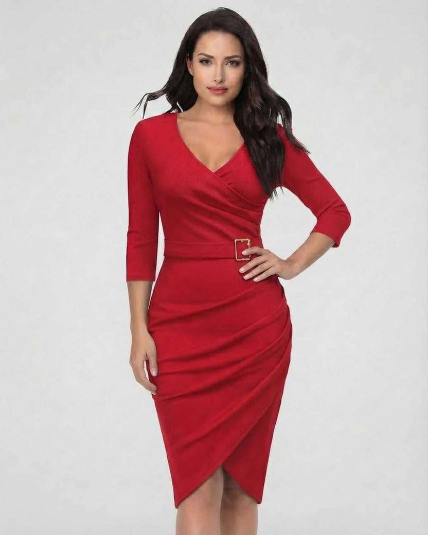 Vega Midi Dress by Lauven in striking red, featuring a V-neck, belted waist, and three-quarter sleeves.