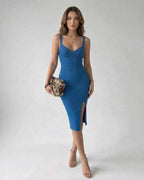 Vega Midi Dress - Sleek blue sheath with slit, perfect for luxury style by Lauven, offers comfort and elegance.