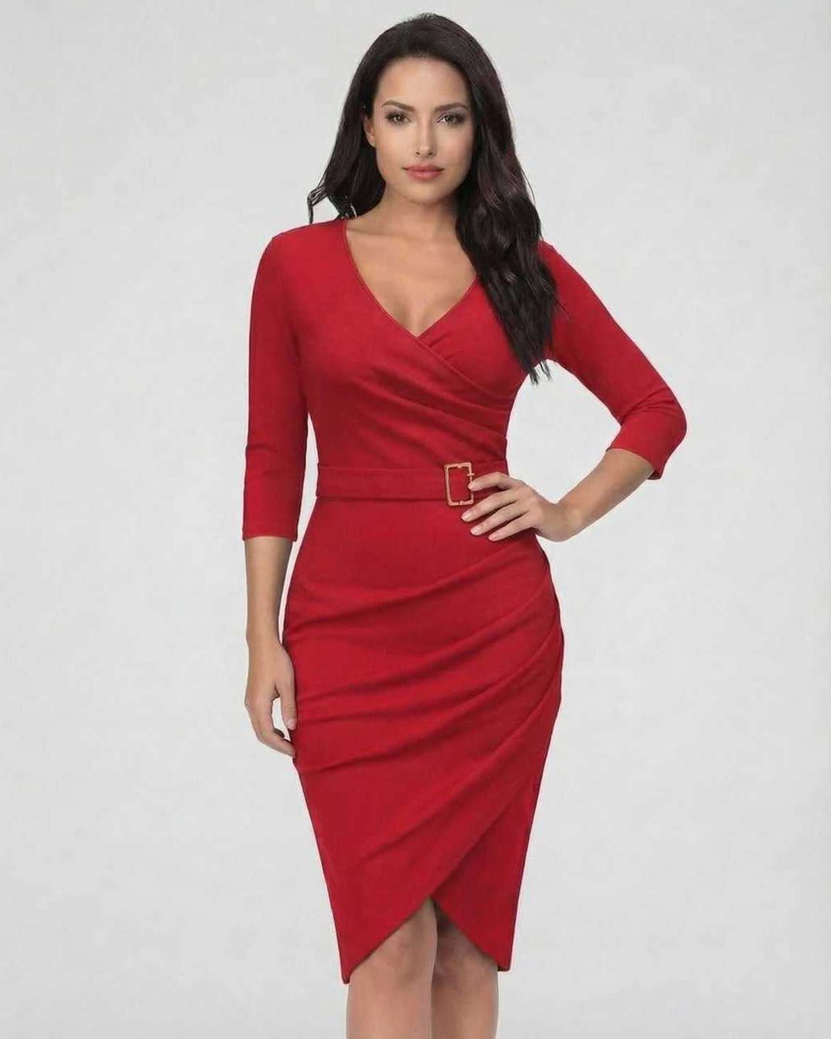 Vega Midi Dress by Lauven - Striking red V-neck sheath dress with belted waist, perfect for evening events.