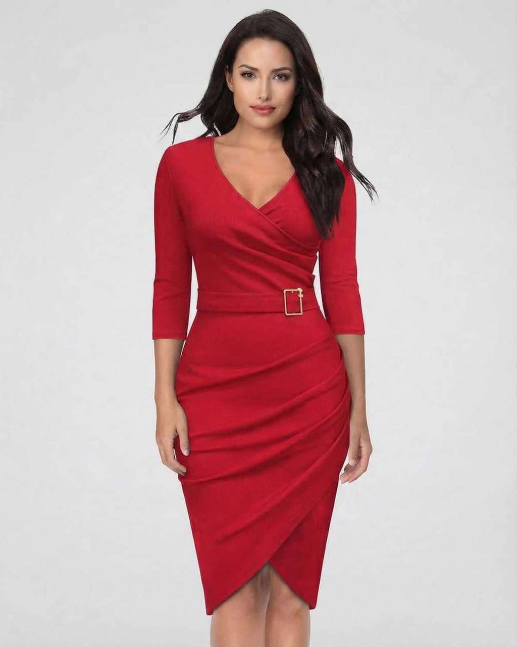 Model wearing Lauven Vega Midi Dress, a striking red V-neck sheath dress with belted waist.