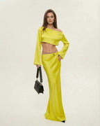 Vega Midi Dress by Lauven featuring a vibrant yellow color and sleek asymmetrical silhouette.