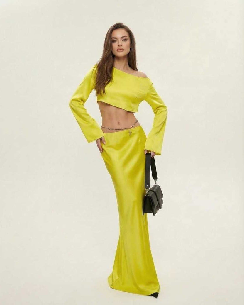 Vega Midi Dress by Lauven in vibrant yellow, featuring a sleek asymmetrical silhouette for a chic evening look.
