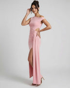 Velina Maxi Dress – Pink one shoulder dress with ruched high waist and slit, by Lauven for an elegant evening look.