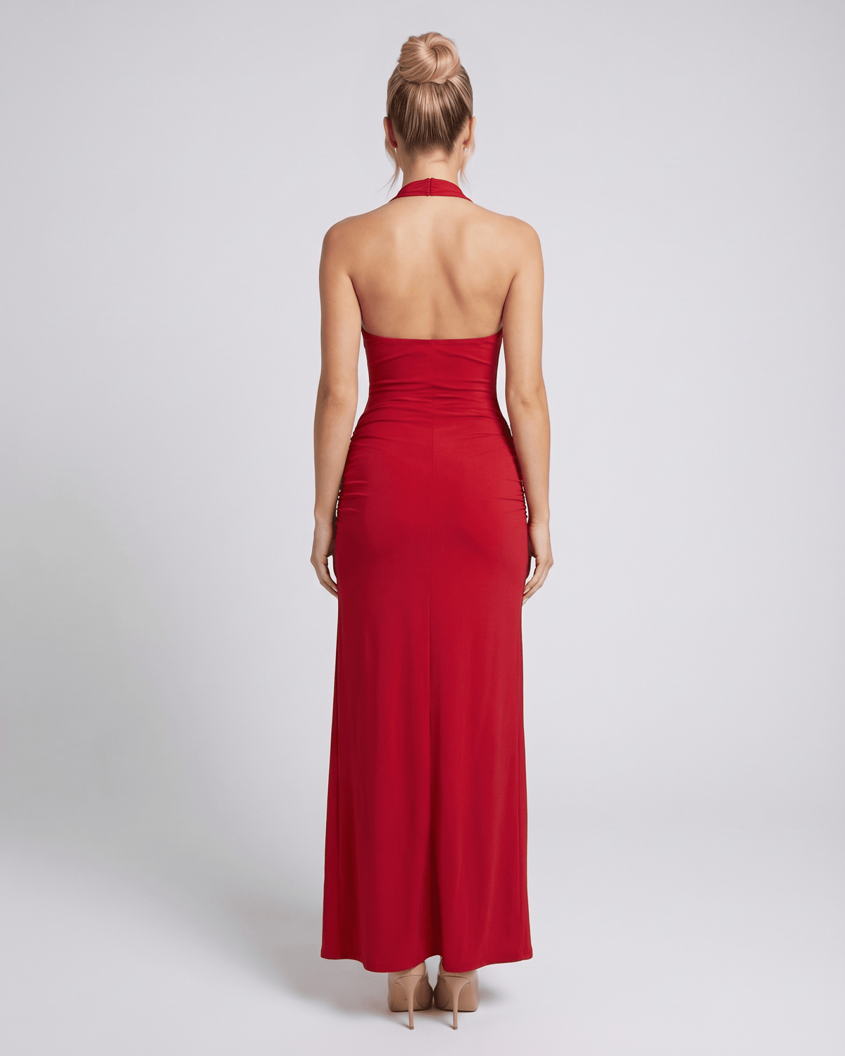 Back view of the Lauven Velisse Maxi Dress, a stunning red maxi dress with a halter top and smooth stretch jersey.