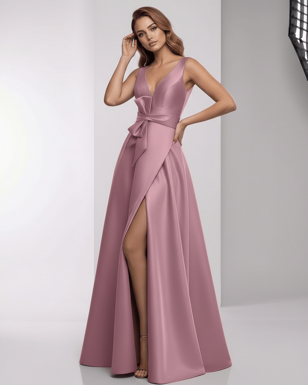 Velmira Maxi Dress – Dusty Rose Satin A-Line V-Neck Evening Dress by Lauven, featuring a flowing silhouette and elegant style.