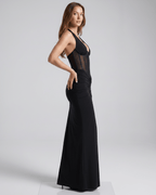 Velmira Maxi Dress featuring a sleek halter neck design, bodycon silhouette, and a sheer mesh panel by Lauven.