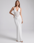 Velmira Maxi Dress featuring a halter neck and sheer mesh panel, crafted by Lauven for a sculpted and flexible fit.