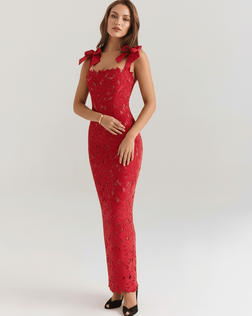 Velmira Maxi Dress - Red lace maxi dress with square neck and shoulder tie straps, perfect for formal occasions by Lauven.