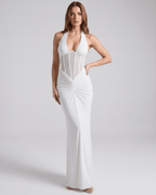 Velmira Maxi Dress featuring a halter neck, bodycon fit, and sheer mesh panel by Lauven, perfect for a stylish look.