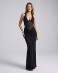 Velmira Maxi Dress by Lauven in black, featuring a halter neck, sleek polyester-spandex blend, and stylish mesh panel.