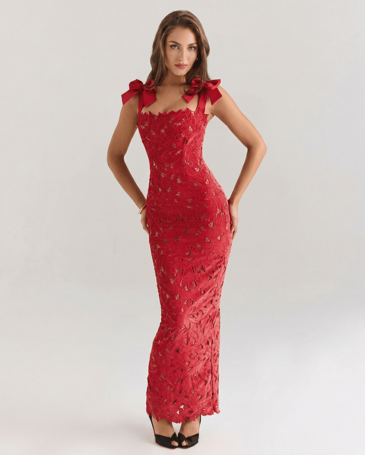 Red lace maxi dress by Lauven, featuring lace fabric, square neckline, and delicate shoulder tie straps.