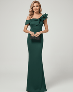 Velmora Maxi Dress - Off-shoulder neckline, mermaid silhouette, soft ruffle detail, flexible fit by Lauven.