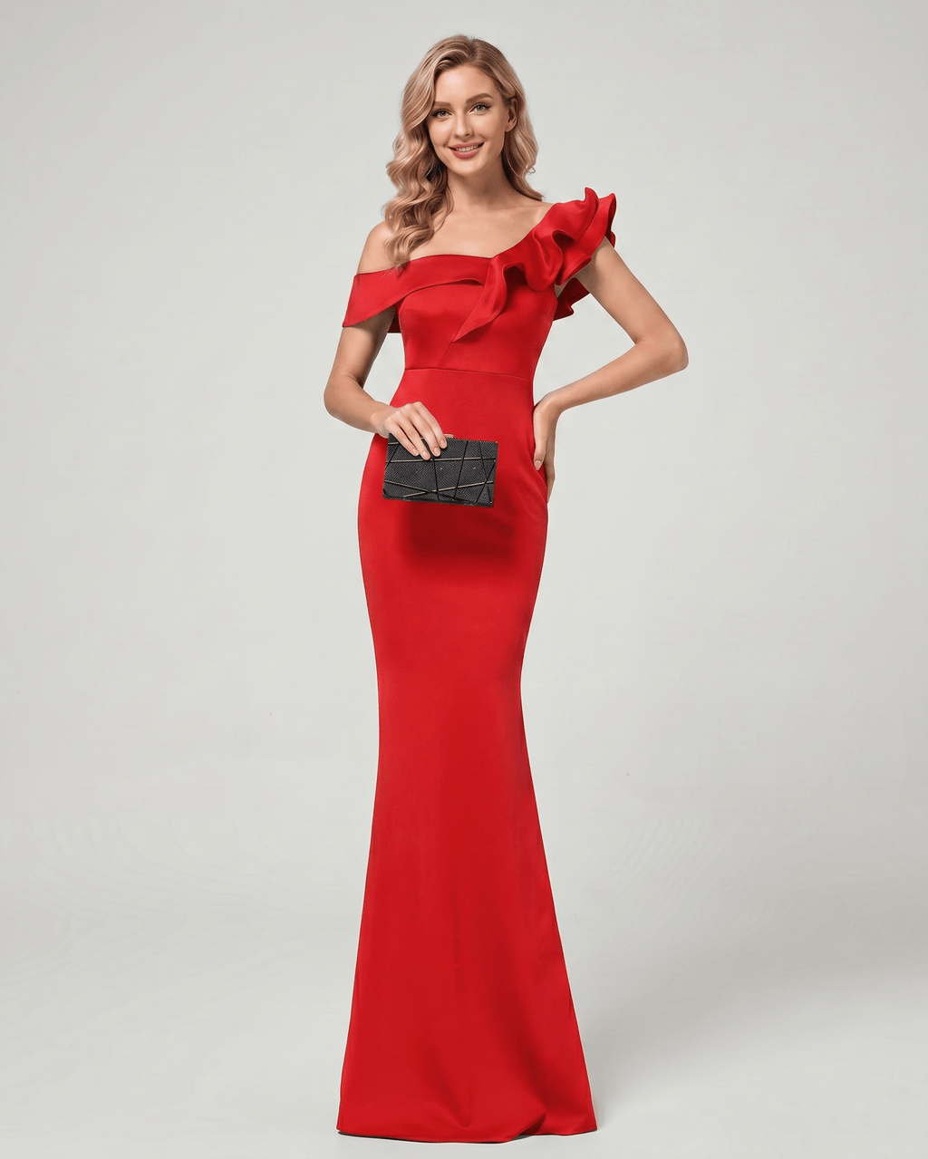 Velmora Maxi Dress in red featuring off-shoulder design, mermaid silhouette, and asymmetrical ruffle by Lauven.