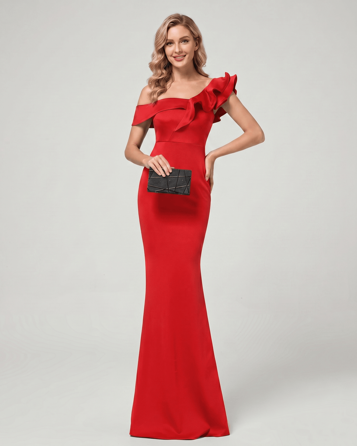 Velmora Maxi Dress in red featuring off-shoulder design, mermaid silhouette, and asymmetrical ruffle by Lauven.