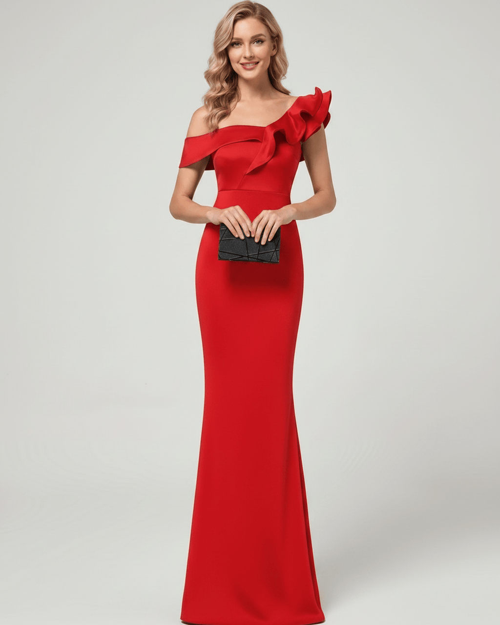 Velmora Maxi Dress in red, off-shoulder, stretchy mermaid silhouette with ruffle detail by Lauven.